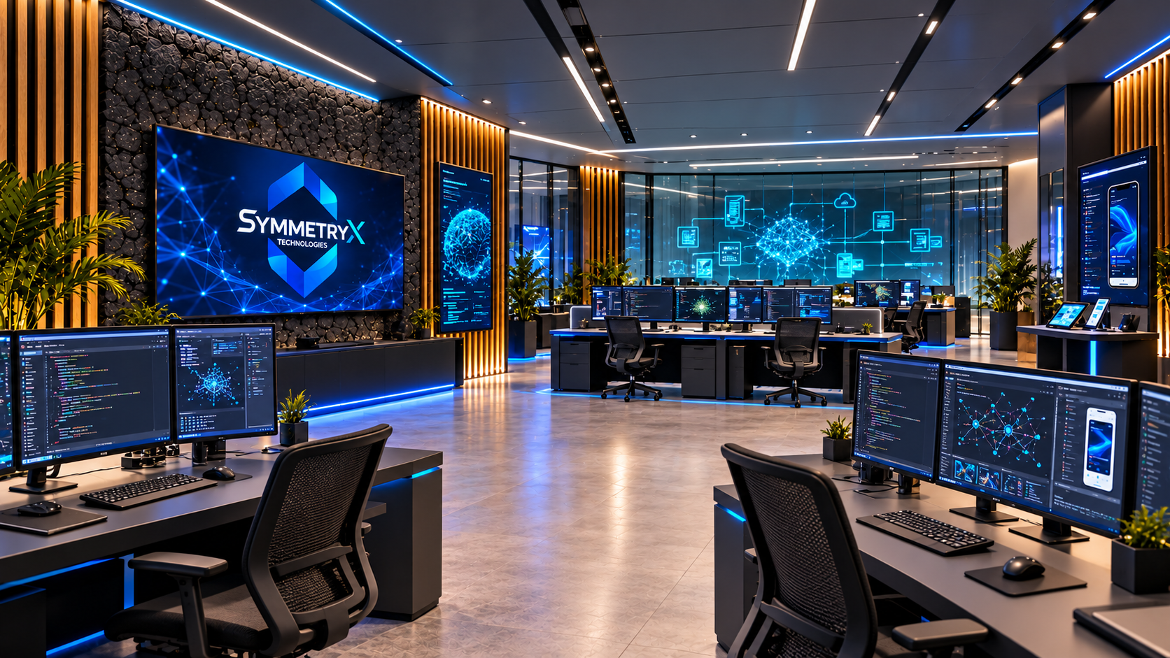 SymmetryX Softwarelabor mit Arbeitsplätzen und Präsentationsmonitoren.